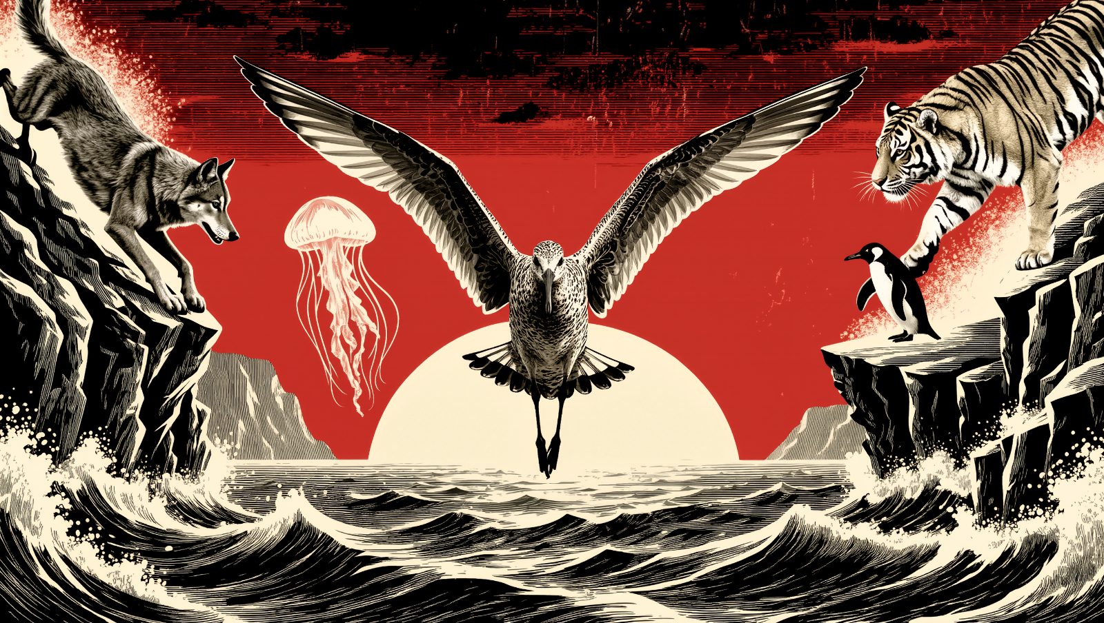 Ilustración estilo grunge retro de un ave aguja colipinta volando sobre el océano junto a una medusa translúcida