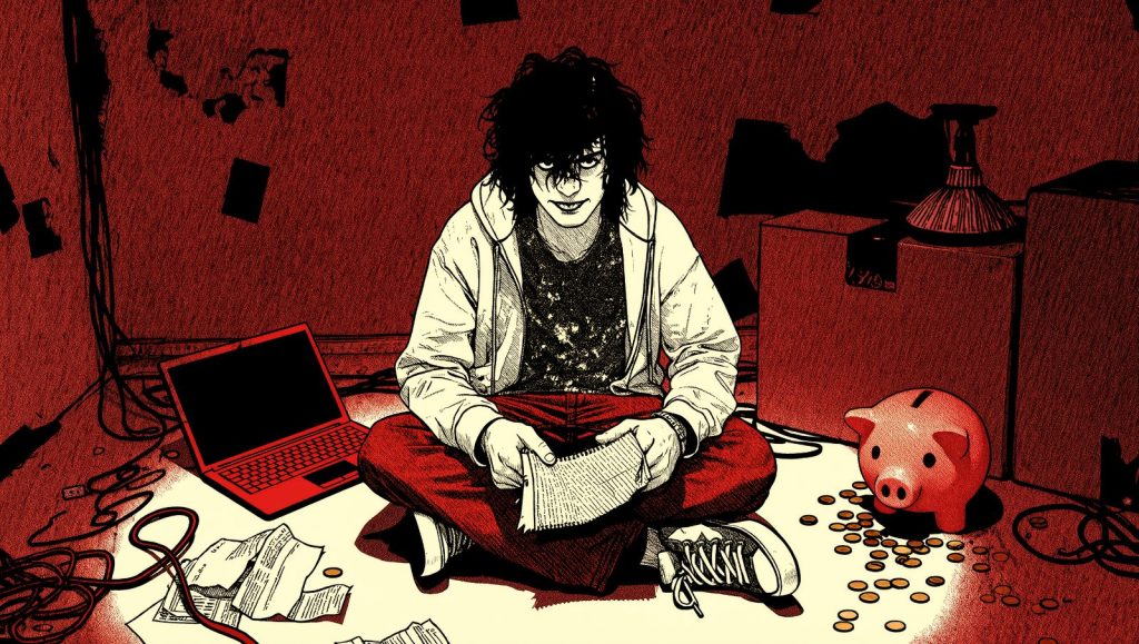 Persona con actitud punk rodeada de monedas y una hucha rota, ilustración grunge sobre cómo ahorrar dinero sin renunciar a nada