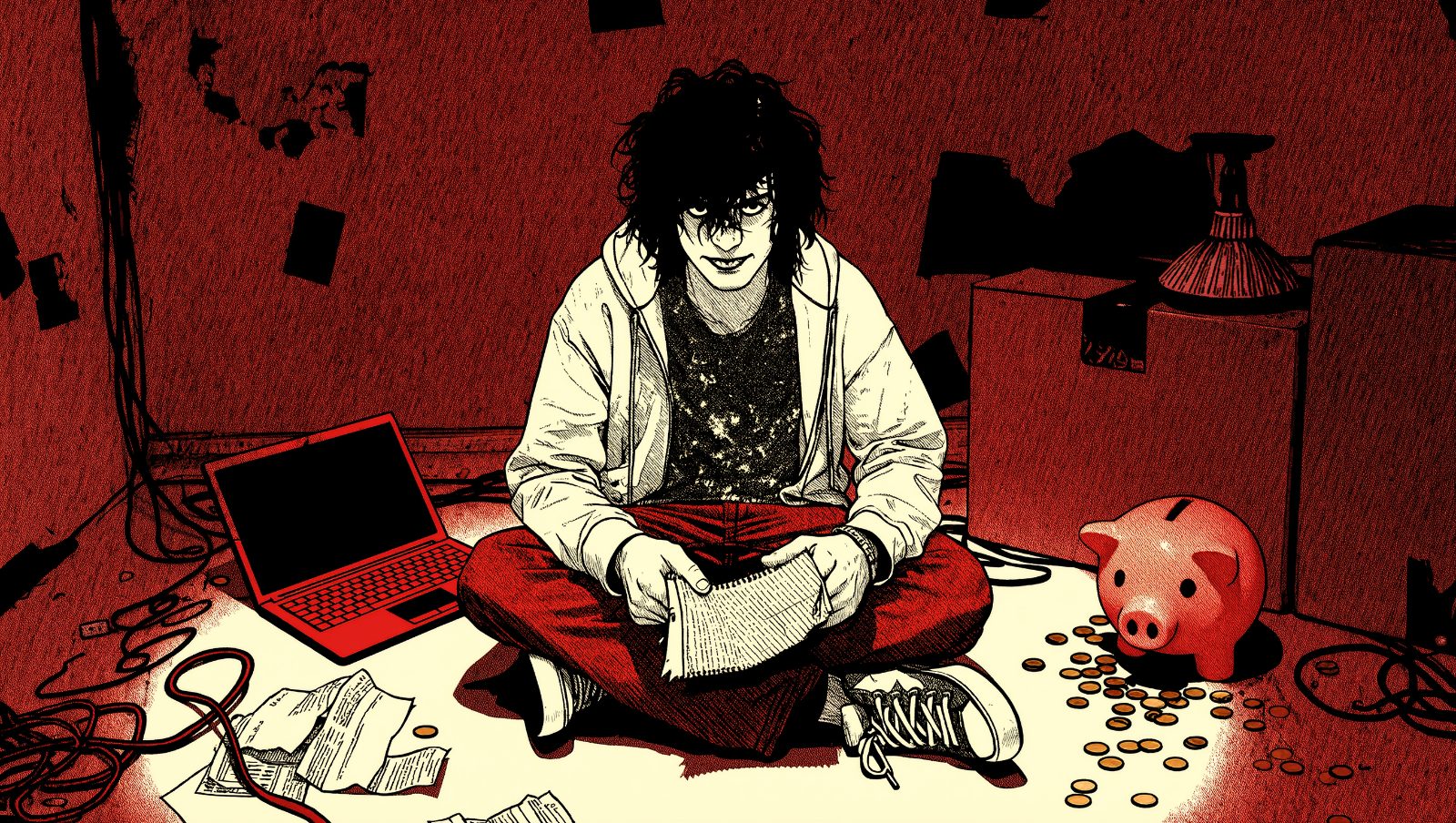 Persona con actitud punk rodeada de monedas y una hucha rota, ilustración grunge sobre cómo ahorrar dinero sin renunciar a nada