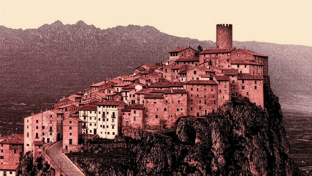Vista ilustrada del pueblo medieval de Albarracín en Teruel con sus casas rojizas y castillo