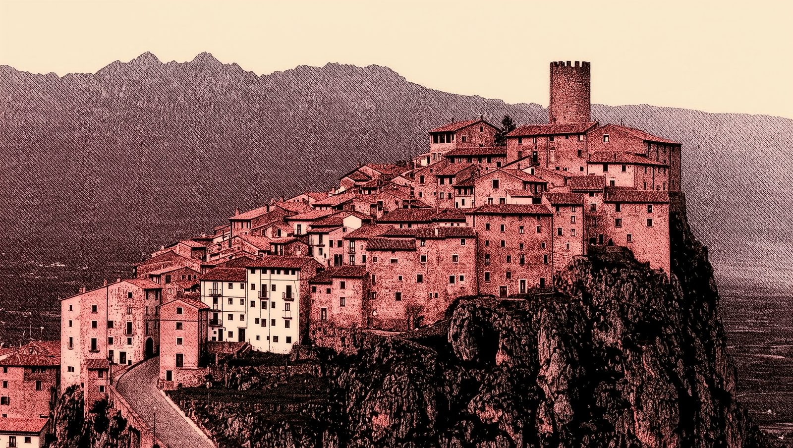 Vista ilustrada del pueblo medieval de Albarracín en Teruel con sus casas rojizas y castillo