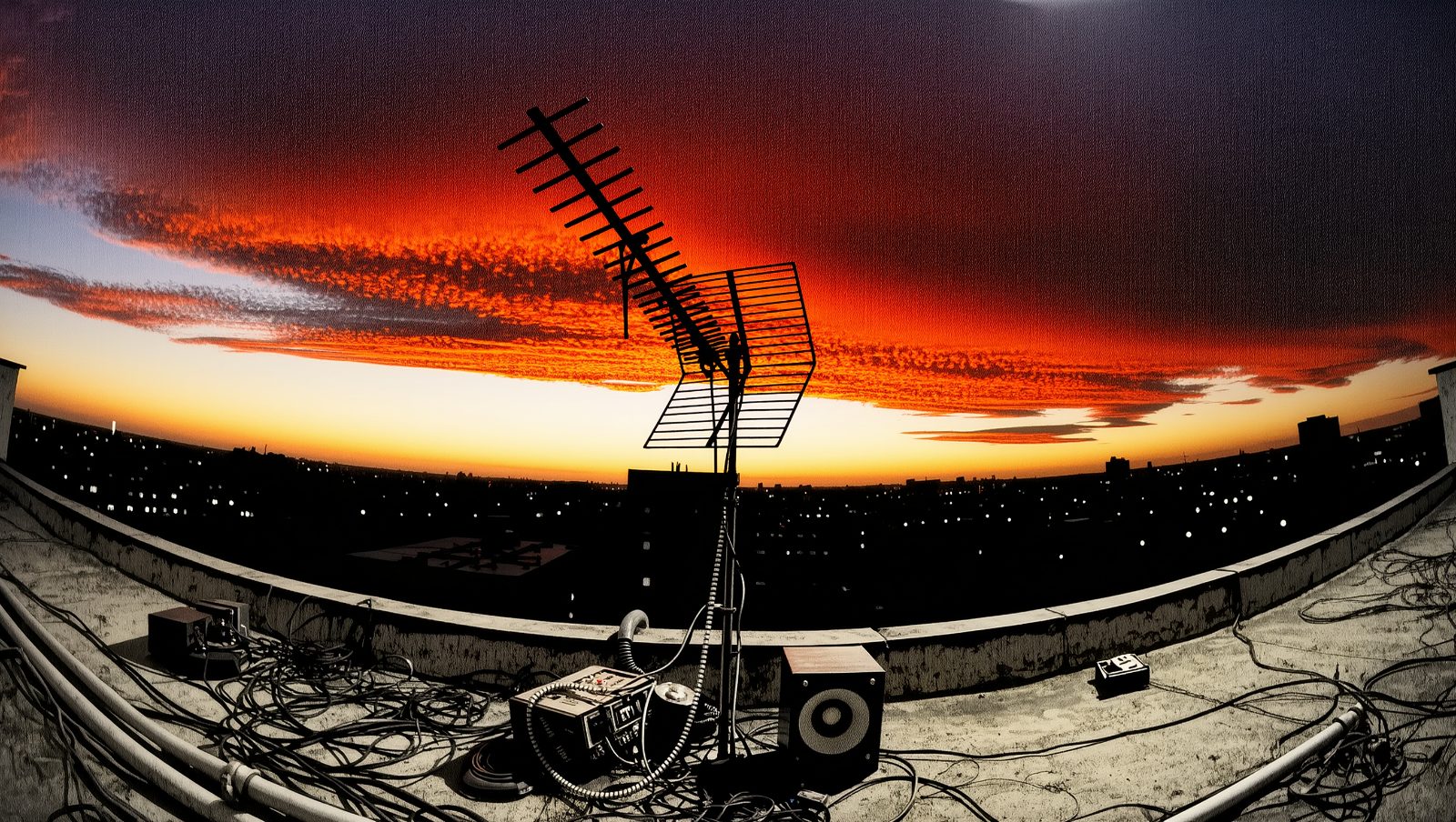 Antena de radio pirata improvisada en una azotea al atardecer