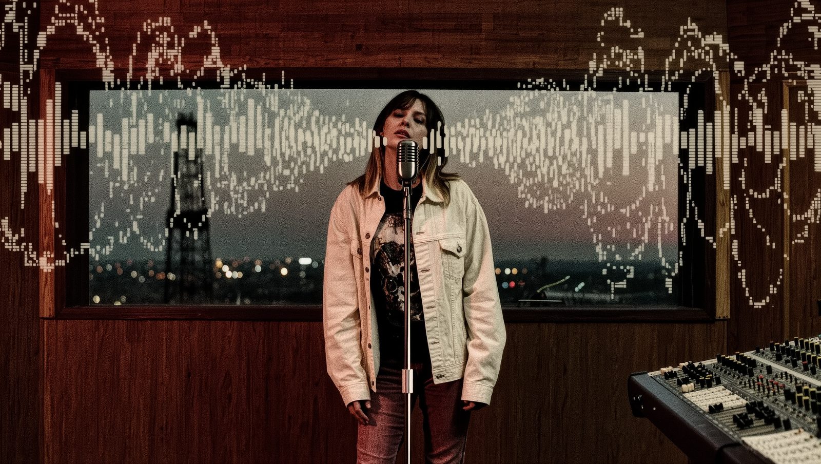 Ilustración retro de una cantante en un estudio de grabación con ondas de voz digitales glitcheadas alrededor, representando el origen del Auto-Tune