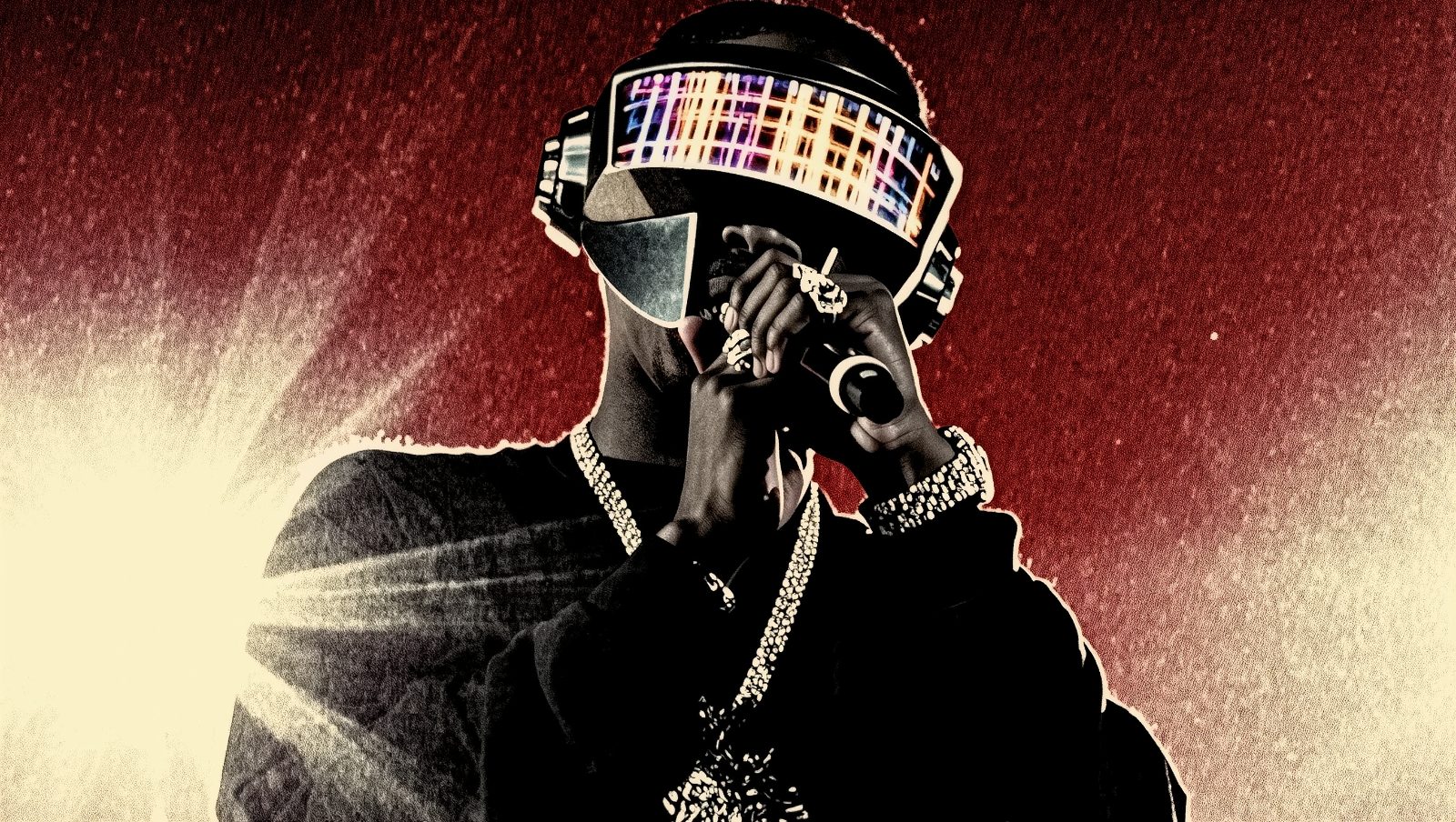 Ilustración retro de un artista de hip-hop con un casco vocoder robótico, representando el efecto Auto-Tune popularizado por T-Pain