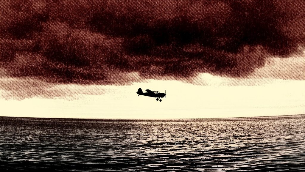 Ilustración estilo grunge retro de una avioneta volando sola sobre el océano, evocando la desaparición de Amelia Earhart