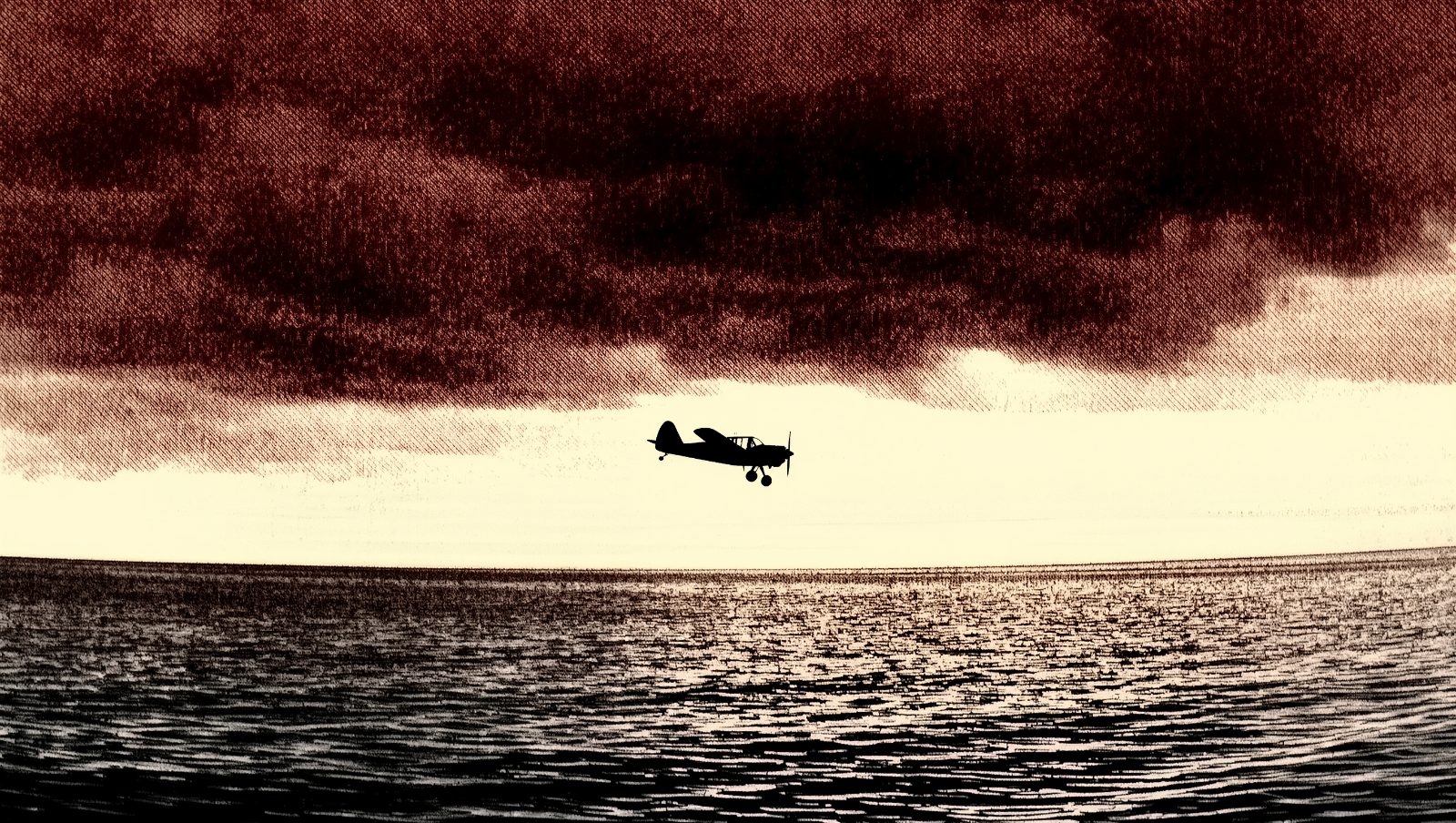 Ilustración estilo grunge retro de una avioneta volando sola sobre el océano, evocando la desaparición de Amelia Earhart