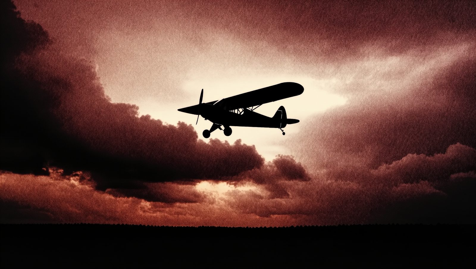 Silueta de avioneta vintage contra un cielo de tormenta, ilustración simbólica de rodaje con incidentes documentados