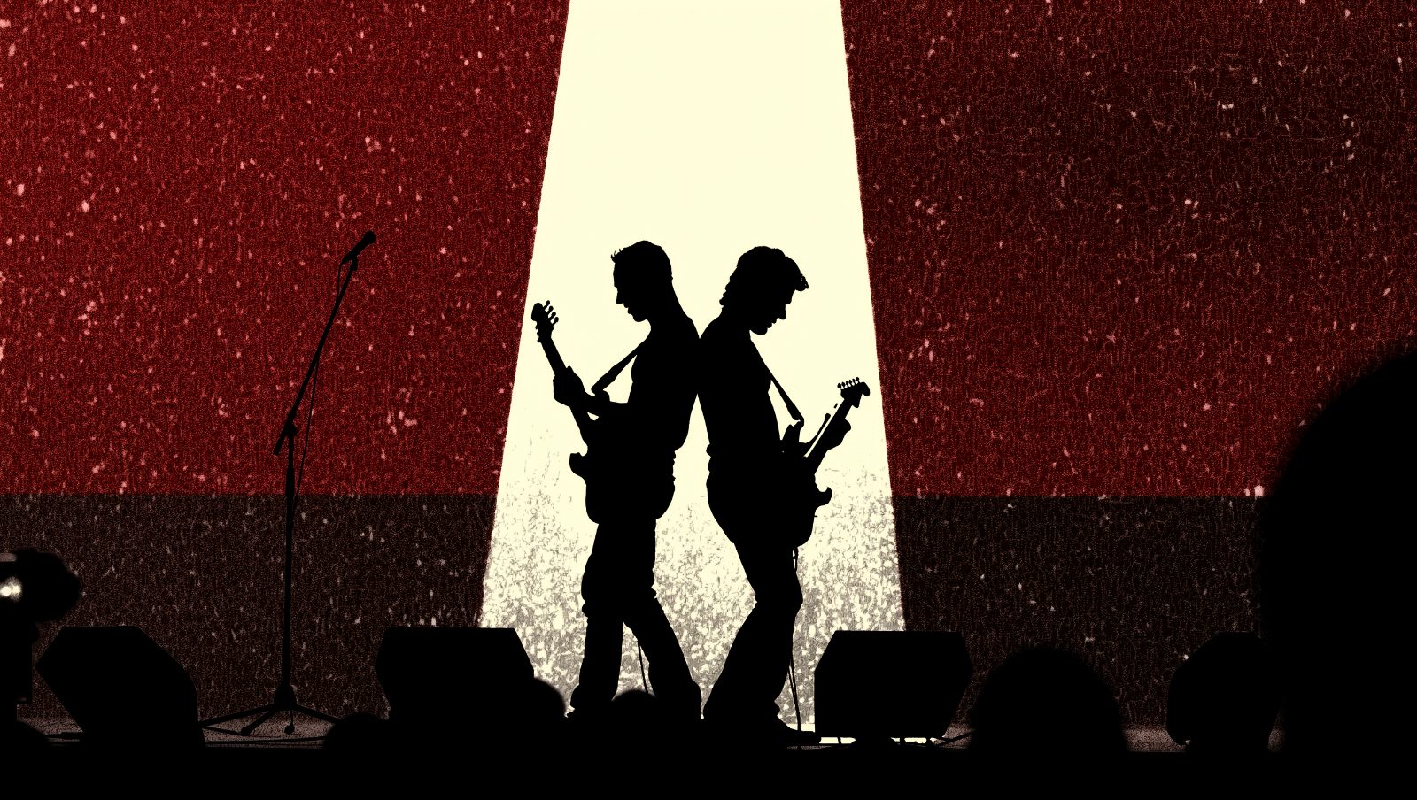 Dos músicos de rock de espaldas el uno al otro en un escenario, ilustración estilo grunge retro