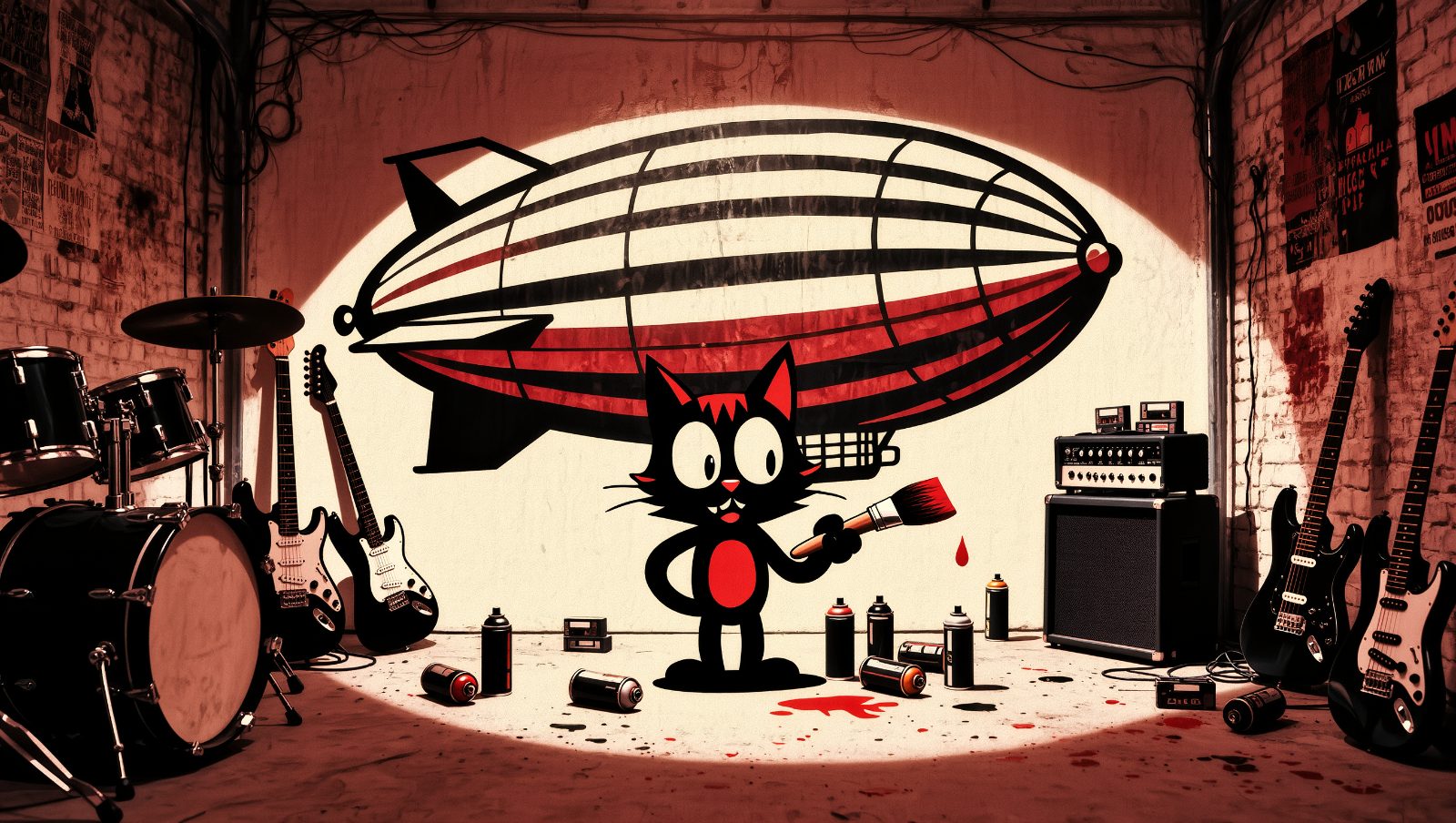 curiosidades de bandas de rock legendarias: gato rockero pintando un zepelin estilo grunge retro
