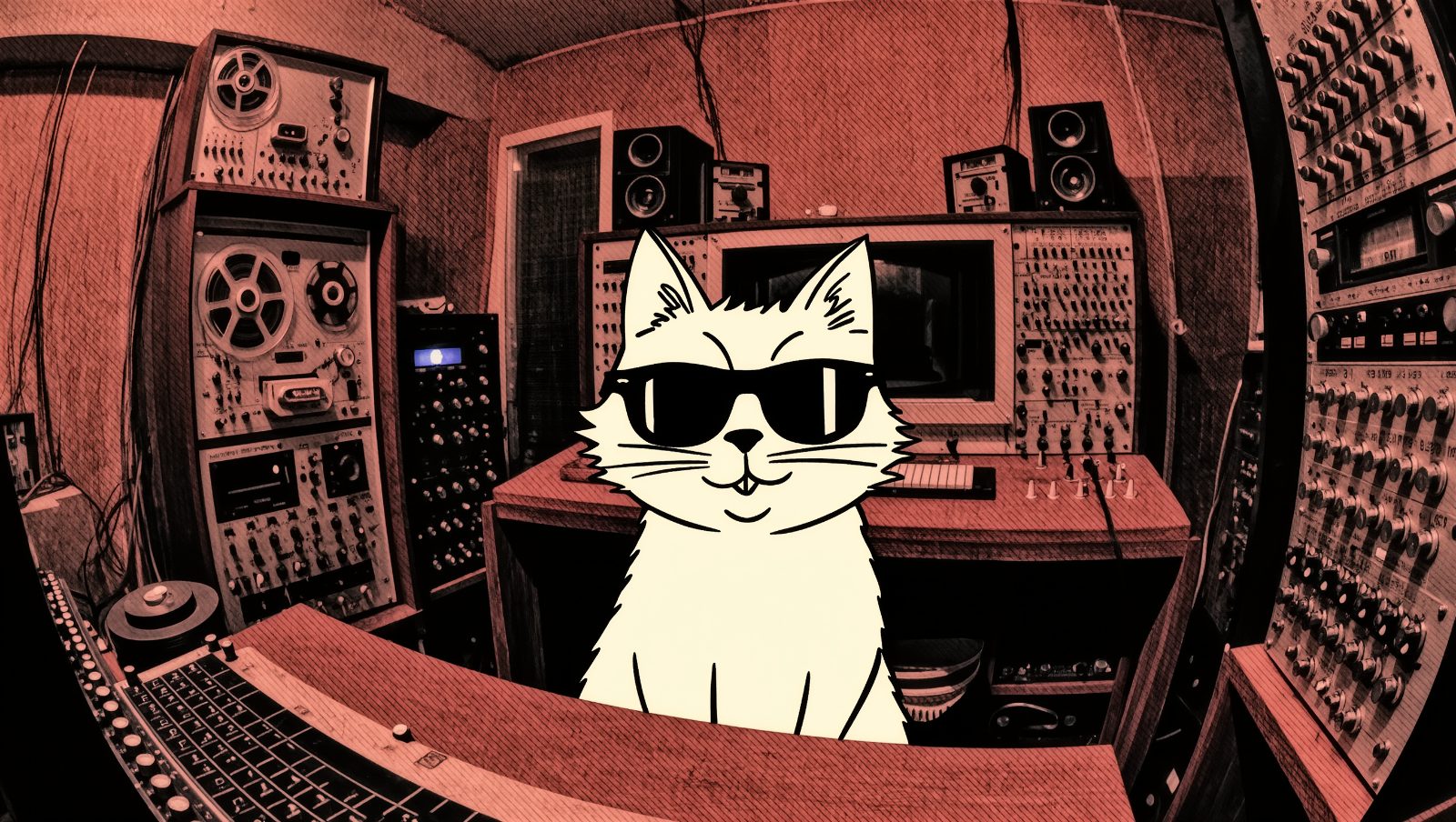 gato con gafas de sol en estudio de grabacion vintage