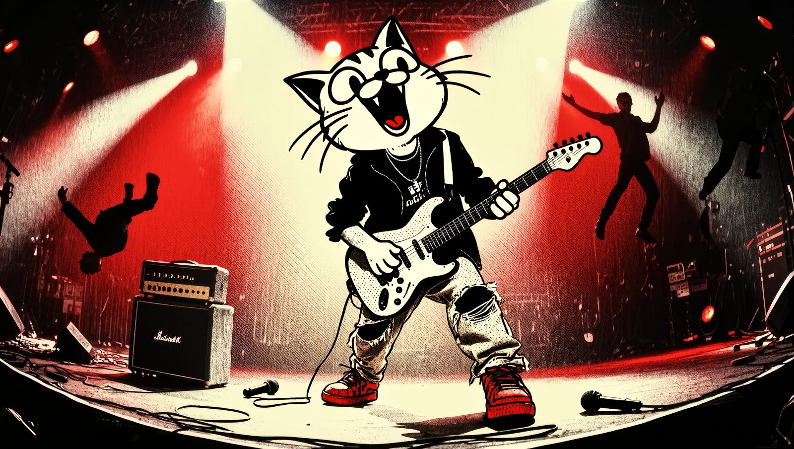 gato rockero con guitarra electrica sobre escenario iluminado