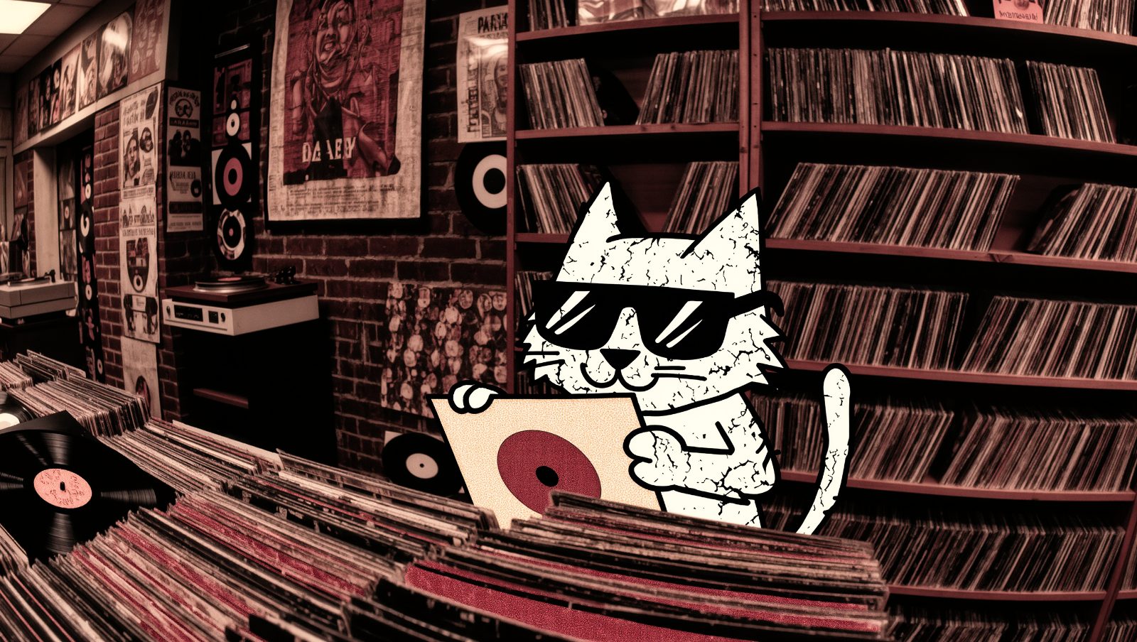 gato con gafas de sol buscando vinilos de rock en tienda de discos retro