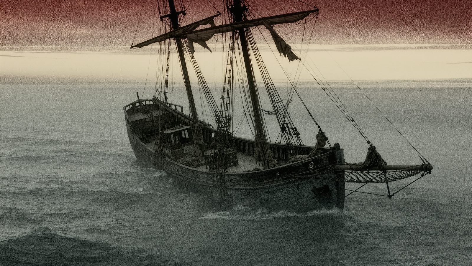 Ilustración estilo grunge retro de un velero abandonado a la deriva entre niebla, evocando el misterio del Mary Celeste