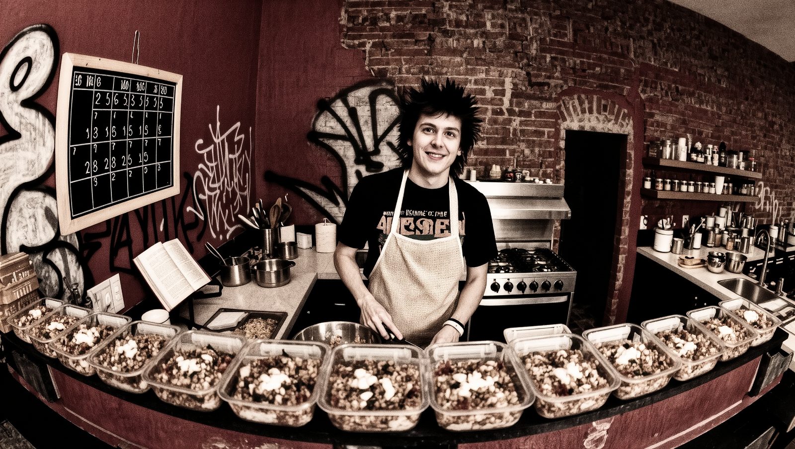 Persona haciendo batch cooking en una cocina decorada estilo punk, recipientes de comida preparada, ilustración grunge sobre ahorro en alimentación
