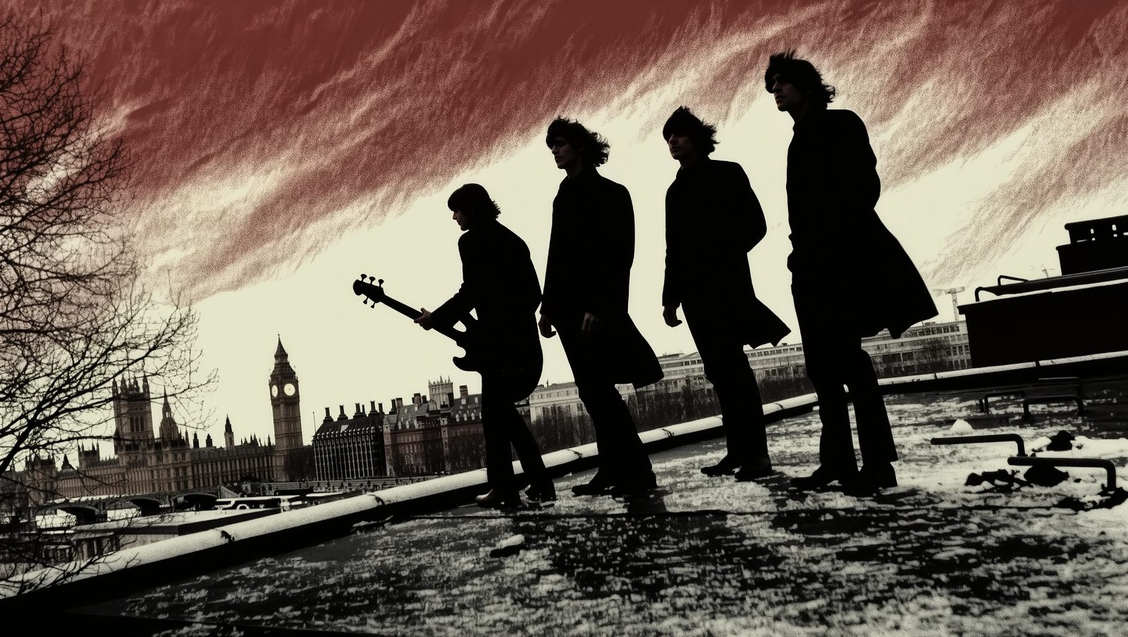 Silueta de banda de los años 60 tocando en la azotea de un edificio de Londres, estilo grunge retro