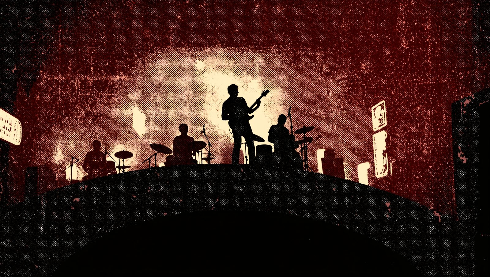 Silueta de banda tocando en un club nocturno de Hamburgo estilo grunge retro