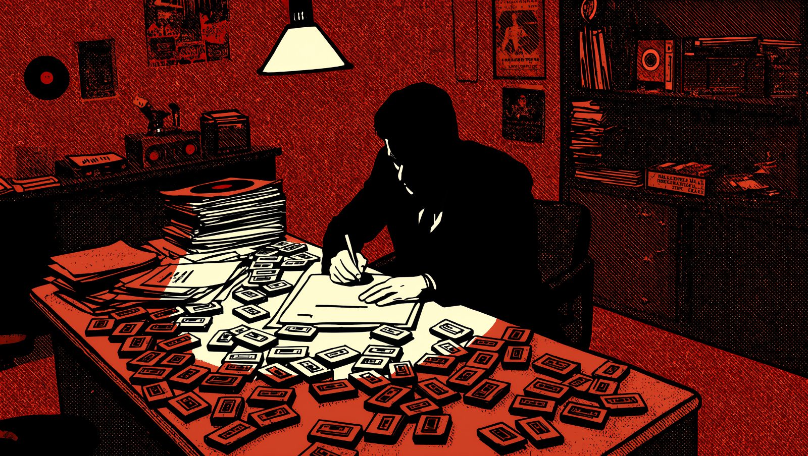 Ilustración de un manager firmando un contrato abusivo en un despacho oscuro, estilo grunge retro