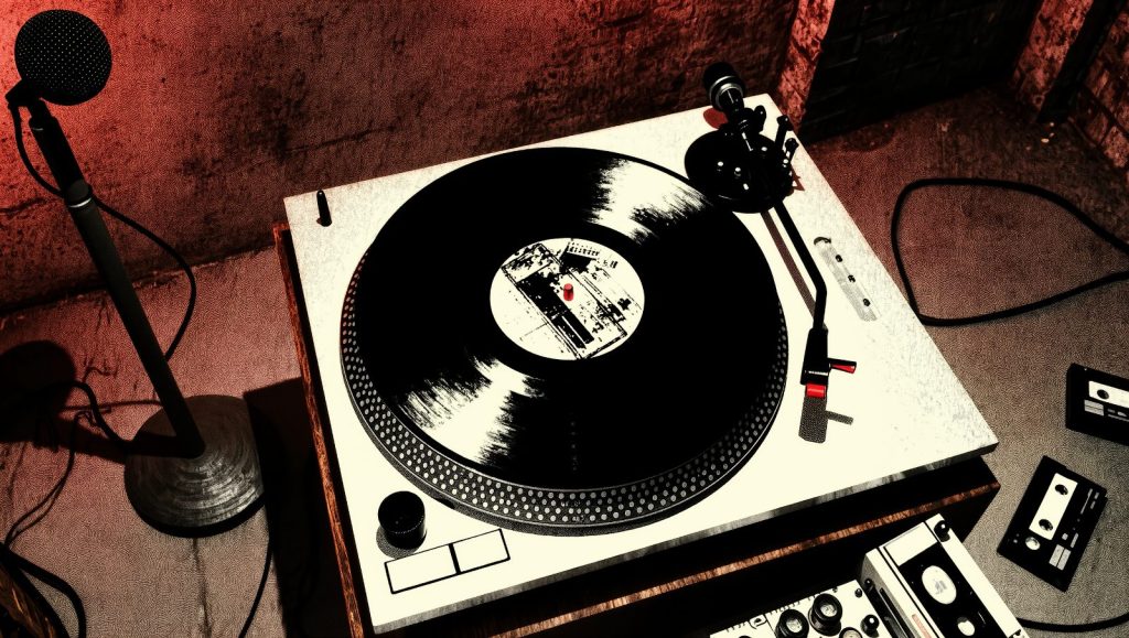 Estudio de radio con sello de censura sobre un disco de vinilo, ilustración de canciones prohibidas por la censura