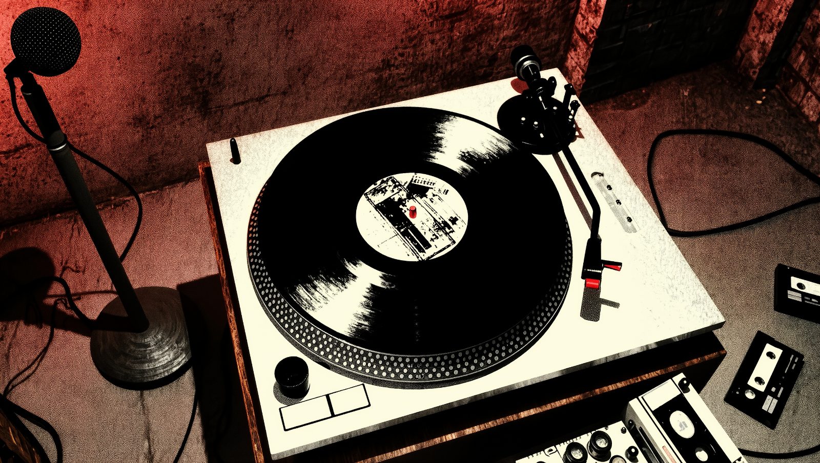 Estudio de radio con sello de censura sobre un disco de vinilo, ilustración de canciones prohibidas por la censura
