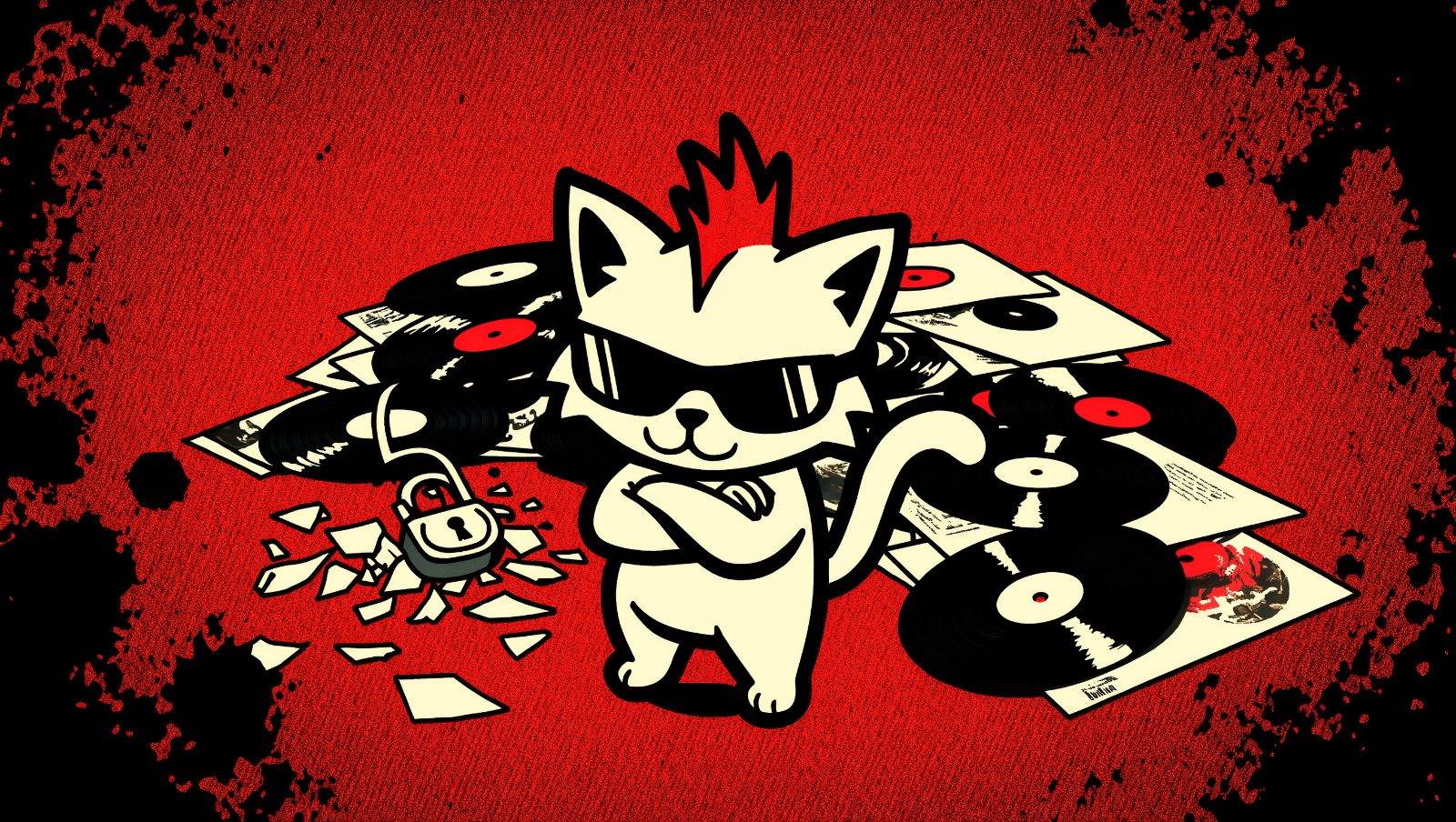 Gato con gafas de sol frente a candado roto y discos prohibidos
