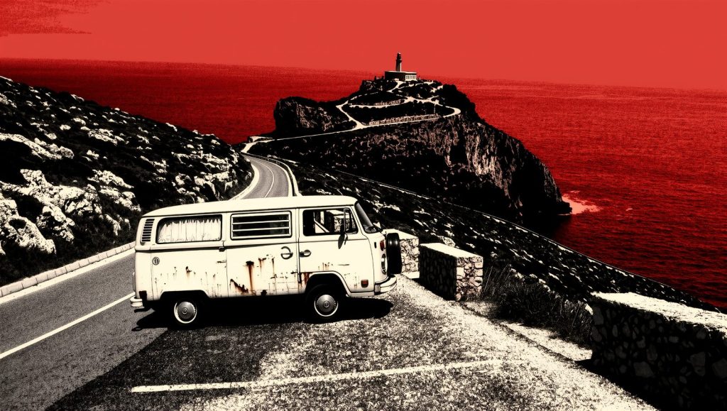 Autocaravana en un mirador de acantilados del Cap de Creus, Costa Brava, ilustración estilo grunge retro