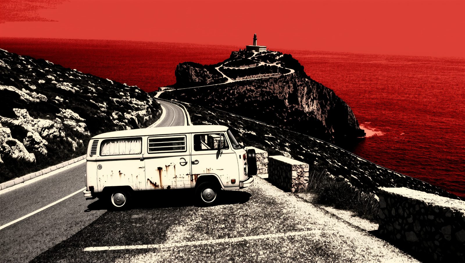 Autocaravana en un mirador de acantilados del Cap de Creus, Costa Brava, ilustración estilo grunge retro