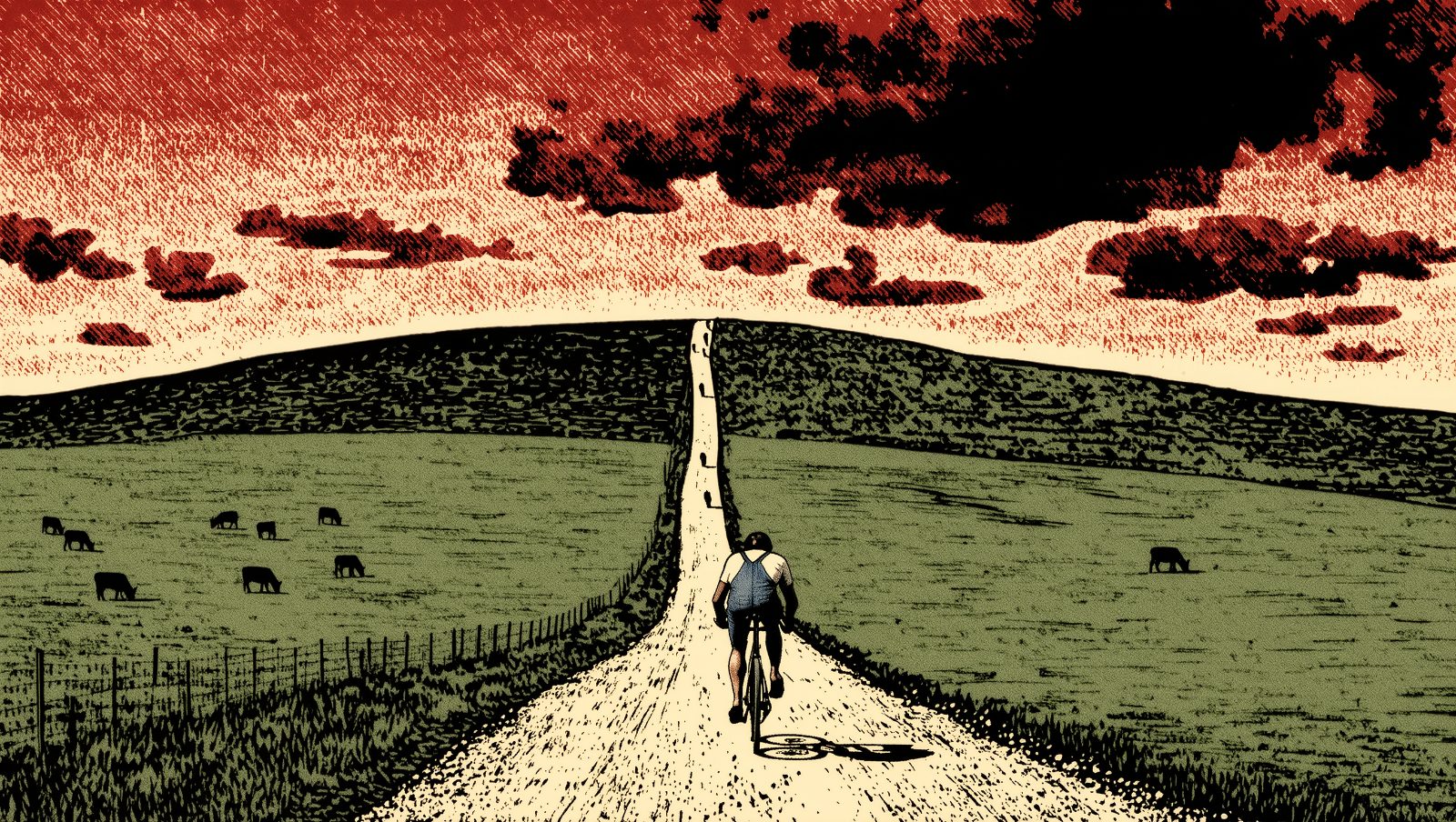 Carretera empinada de montaña con vacas pastando en ladera verde, ilustración estilo grunge retro