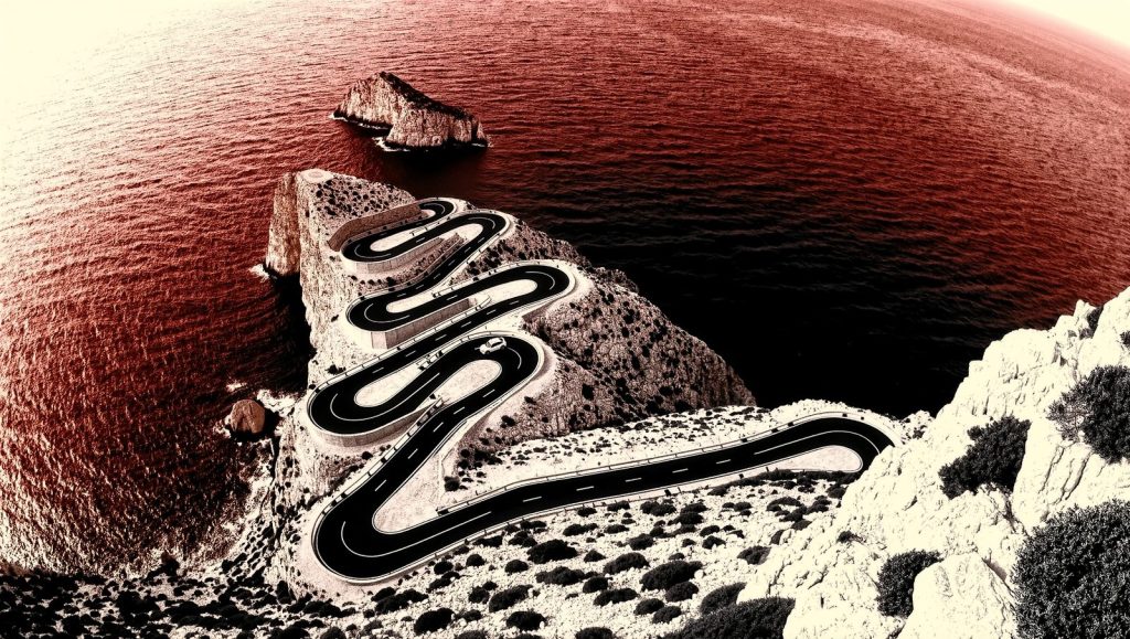 Carretera serpenteante con curvas cerradas descendiendo hacia una cala, ilustración estilo grunge retro