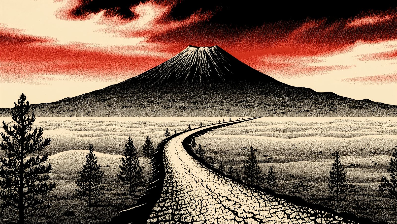 Carretera solitaria atravesando paisaje volcánico con un gran volcán al fondo, ilustración estilo grunge retro