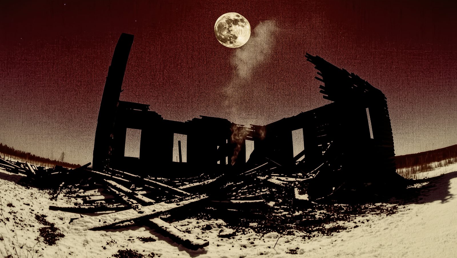 Ilustración estilo grunge retro de una casa rural quemada de noche bajo la luna, evocando el caso de los niños Sodder