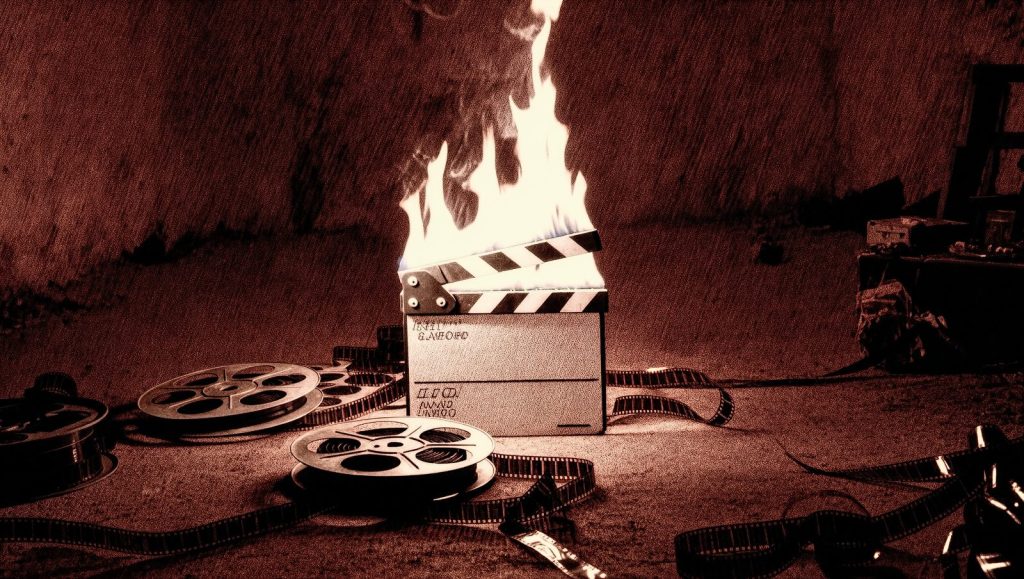 Claqueta de cine ardiendo sobre un plató oscuro, ilustración simbólica de rodaje maldito