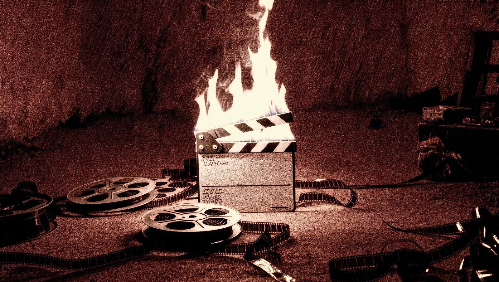 Claqueta de cine ardiendo sobre un plató oscuro, ilustración simbólica de rodaje maldito