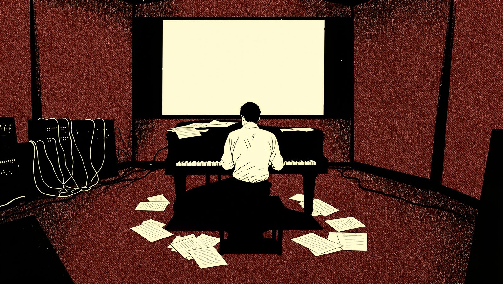 Compositor de cine sentado al piano en un estudio oscuro frente a una pantalla en blanco, ilustración grunge retro
