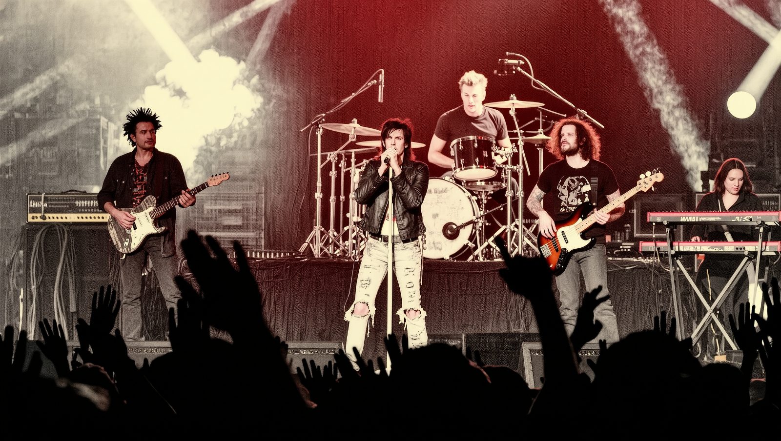Banda de rock completa tocando junta en un festival ante el público, ilustración estilo grunge retro con lente fisheye