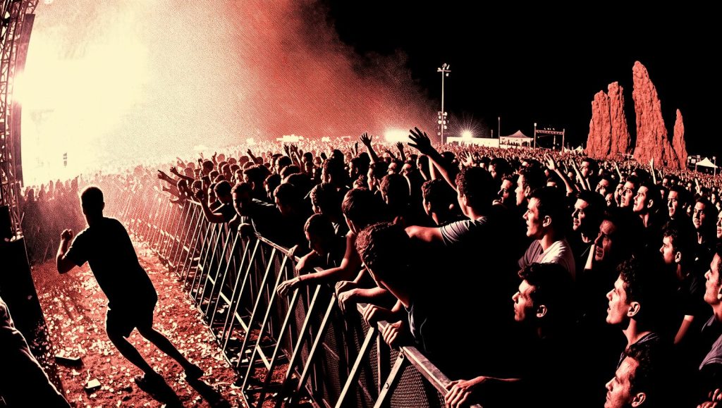 multitud descontrolada en un concierto que salió mal, avalancha de fans en un festival de rock
