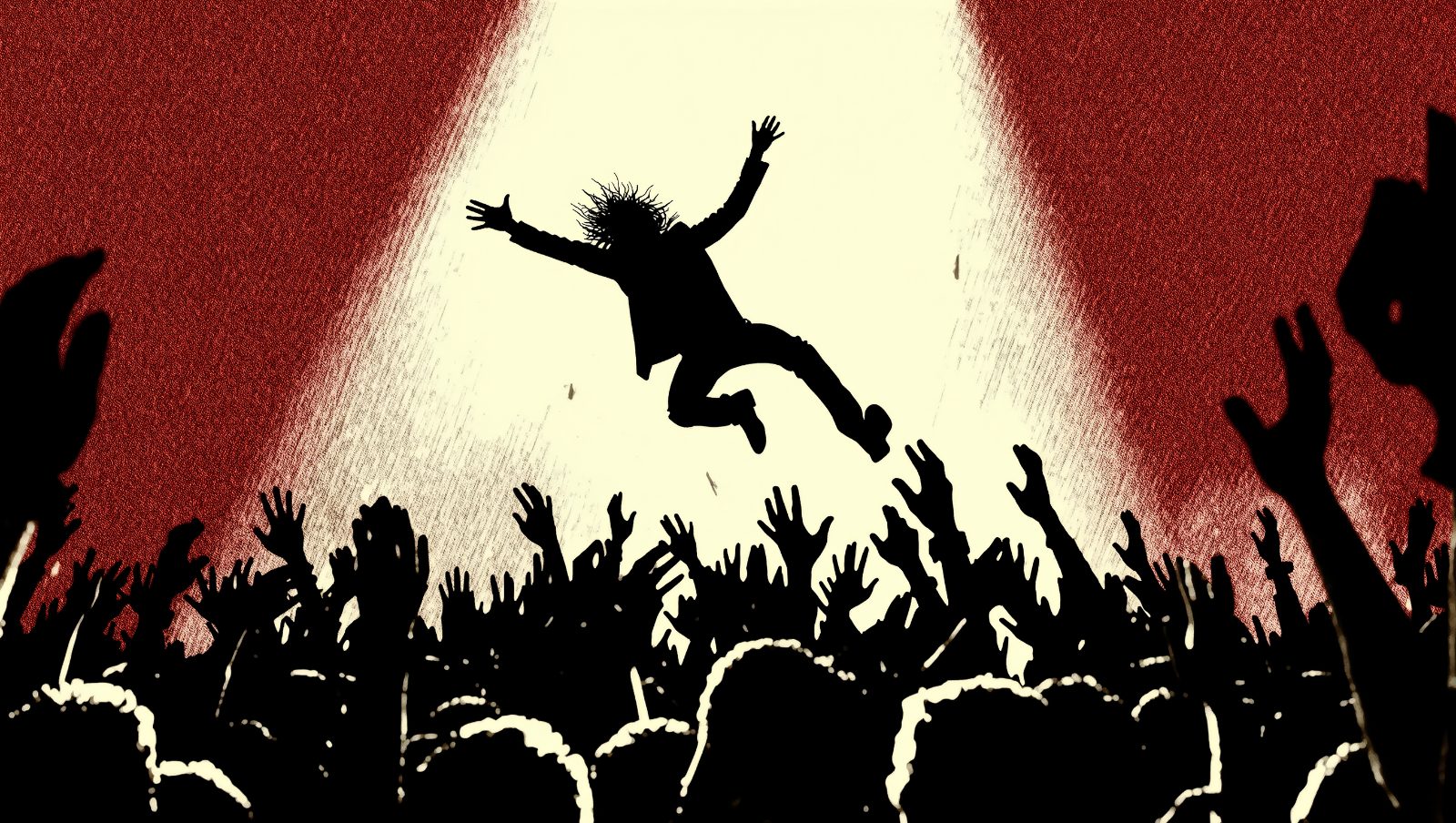 cantante saltando al público en un concierto de rock caótico, anécdotas de conciertos que salieron mal
