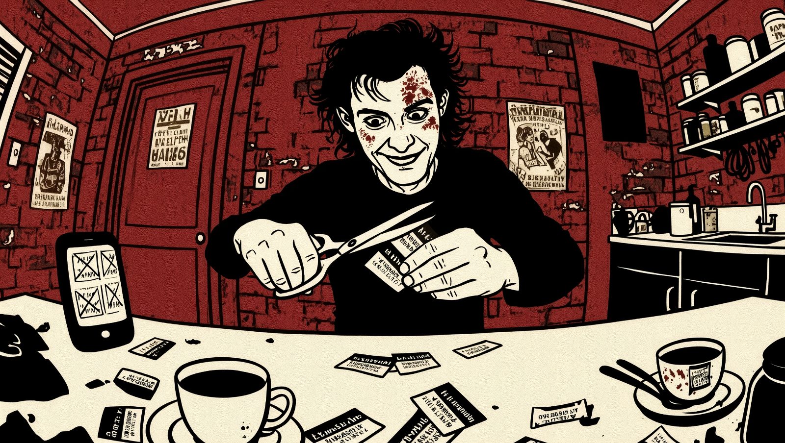 Persona cortando tarjetas de suscripciones con tijeras en una mesa de cocina desordenada, estilo grunge, sobre cómo cancelar gastos recurrentes