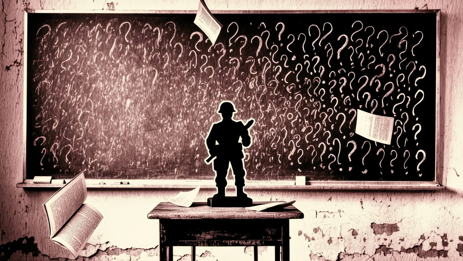 Ilustración retro grunge de un pupitre escolar con pizarra llena de interrogantes, simbolizando mitos históricos desmentidos