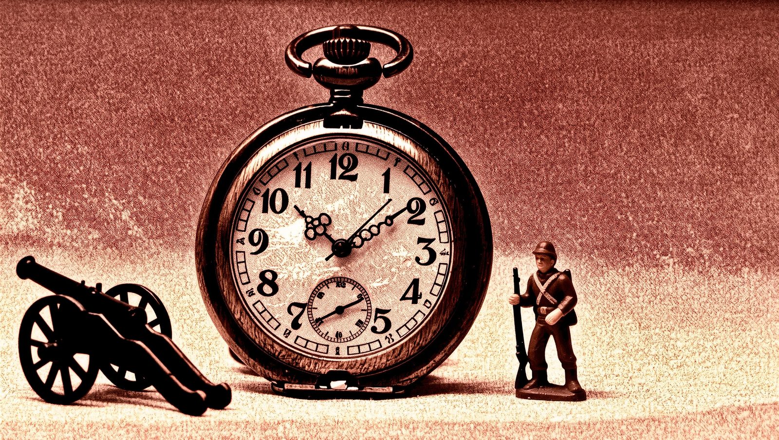 Ilustración retro grunge de un reloj de bolsillo agrietado junto a un cañón antiguo, simbolizando la guerra más corta de la historia