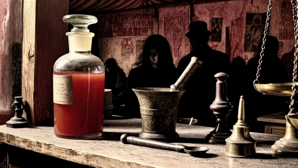 Ilustración retro grunge de un frasco de medicina antigua de estilo carnaval, simbolizando el ketchup vendido como remedio médico en el siglo XIX