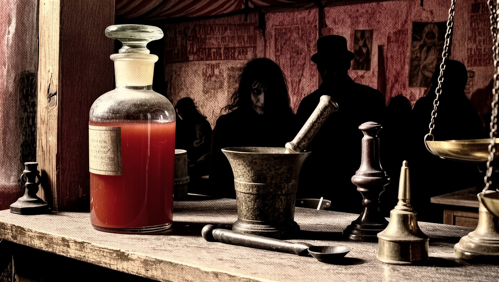 Ilustración retro grunge de un frasco de medicina antigua de estilo carnaval, simbolizando el ketchup vendido como remedio médico en el siglo XIX