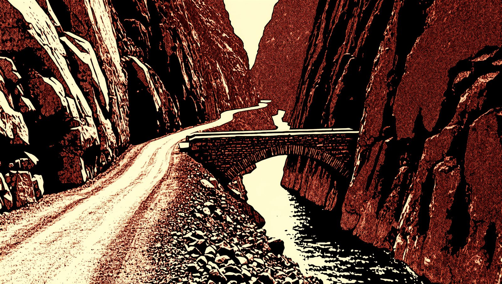 Carretera estrecha en un desfiladero de piedra caliza con río y puente antiguo, ilustración estilo grunge retro