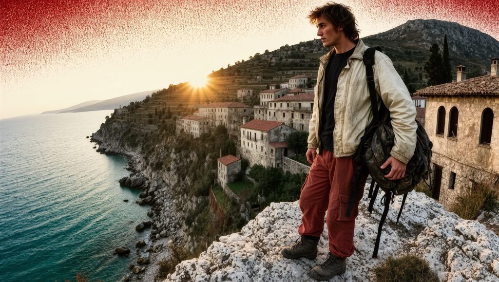 Ilustración de un viajero con mochila frente a la costa de la Riviera Albanesa, destino barato para el verano