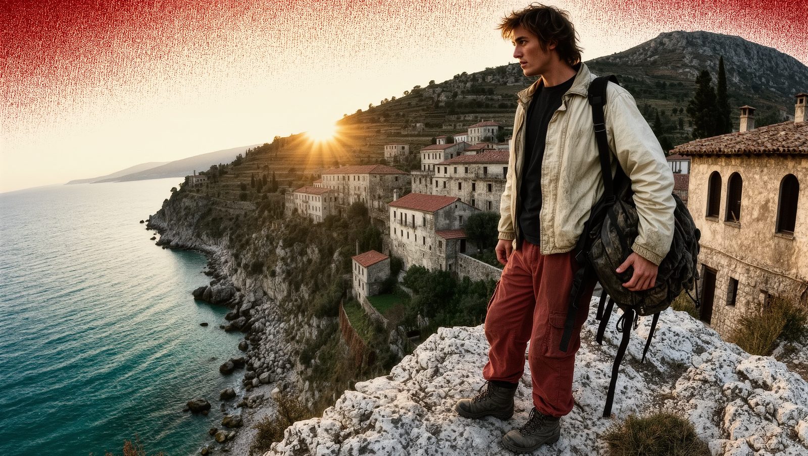Ilustración de un viajero con mochila frente a la costa de la Riviera Albanesa, destino barato para el verano
