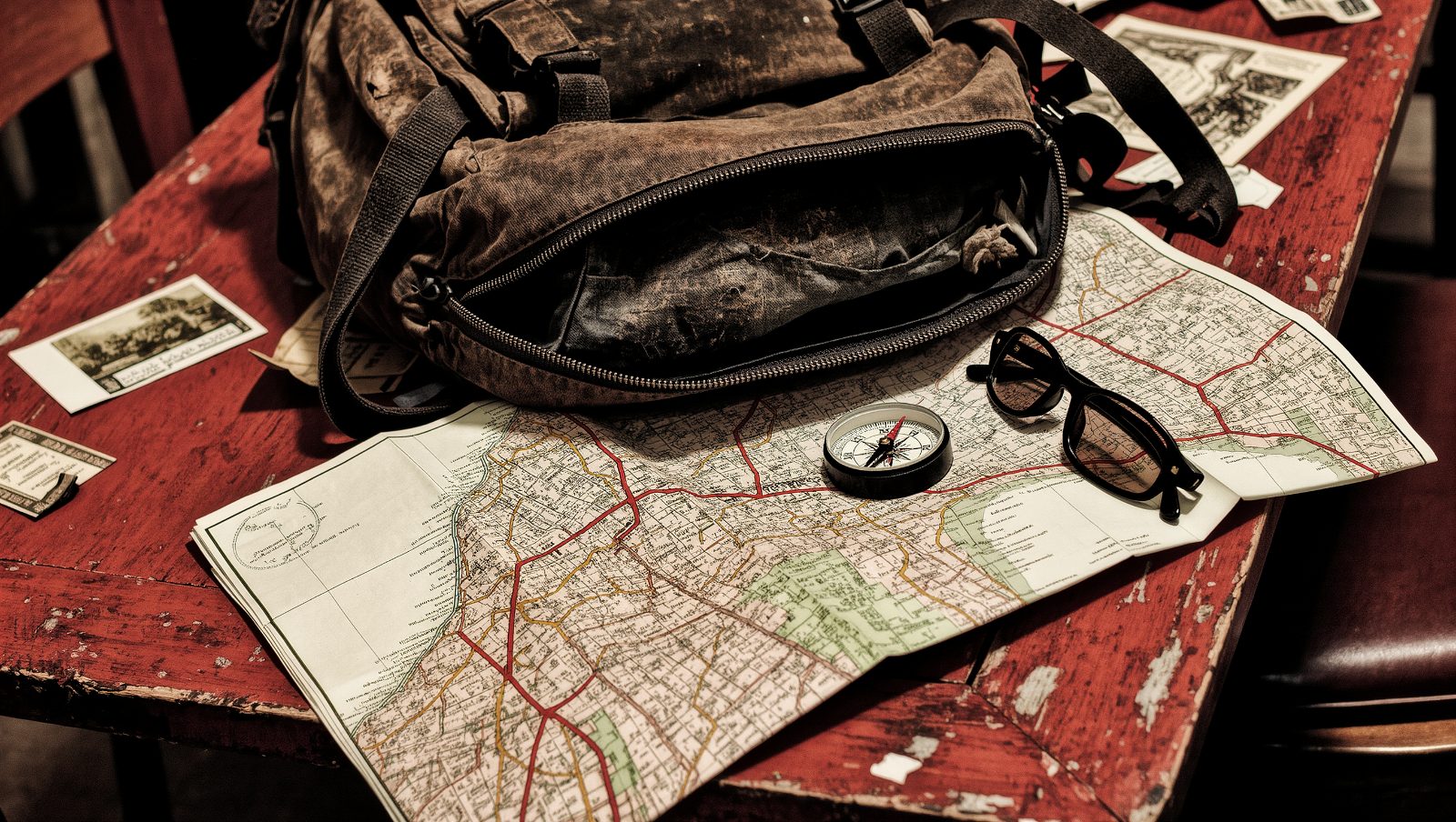Ilustración de una mochila de viaje y un mapa sobre una mesa, planificación de viaje barato de verano