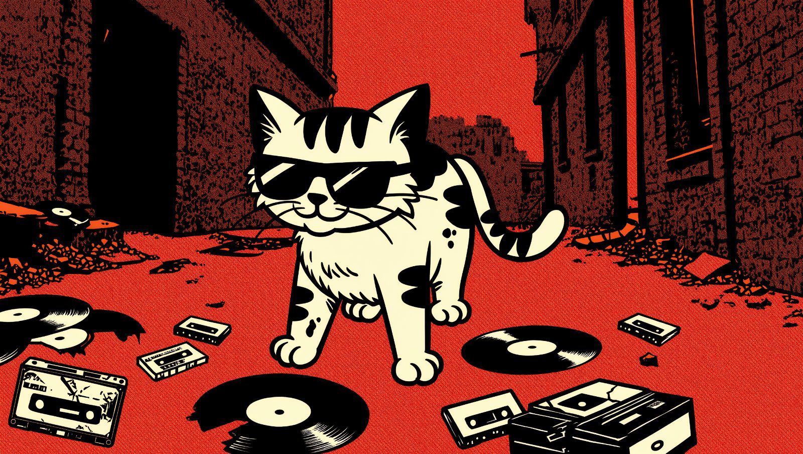 Vinilos y casetes rotos junto a gato con gafas de sol