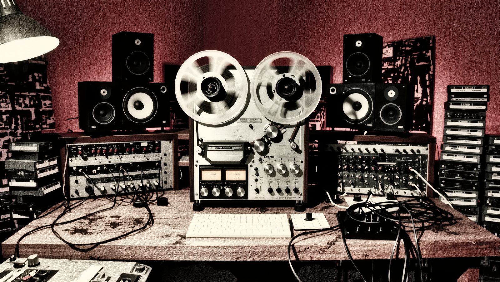 Cinta de carrete reproduciendo al reves en estudio ochentero