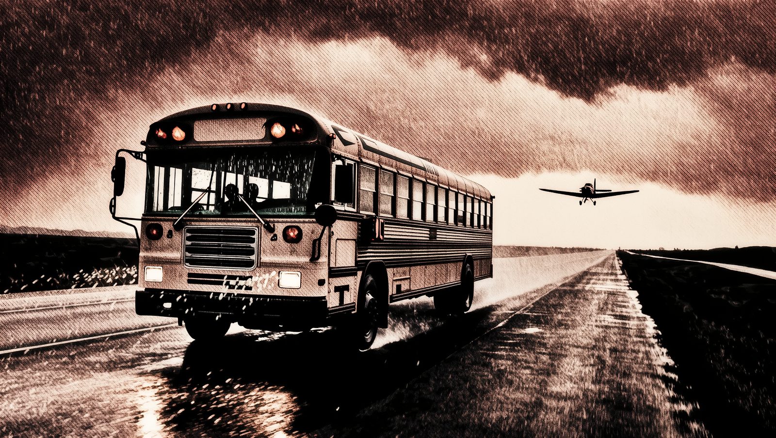 Autobus de gira bajo tormenta con avioneta acercandose