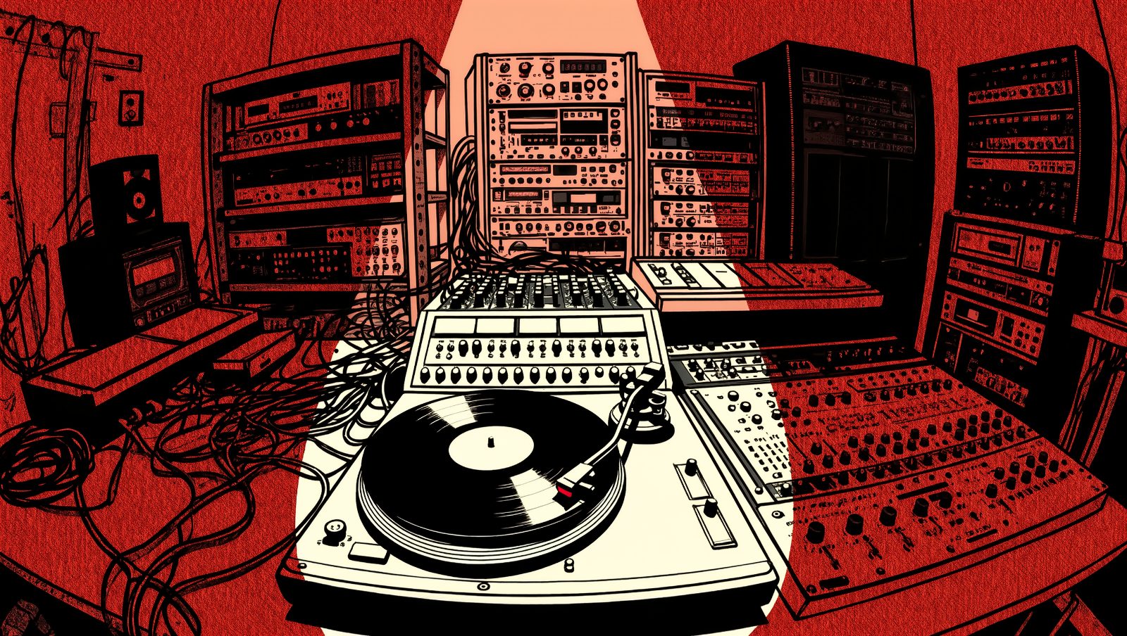 Cabina de DJ de radio de los 90 con vinilos y mesa de mezclas, ilustración grunge retro