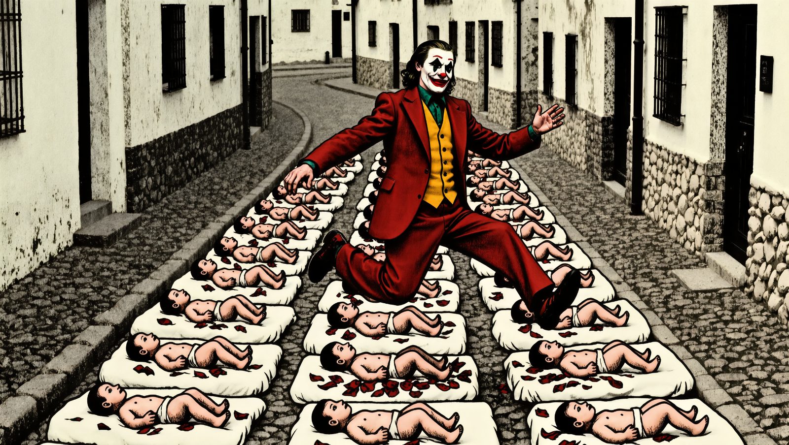 El Colacho saltando sobre bebés en Castrillo de Murcia, ilustración estilo grunge retro